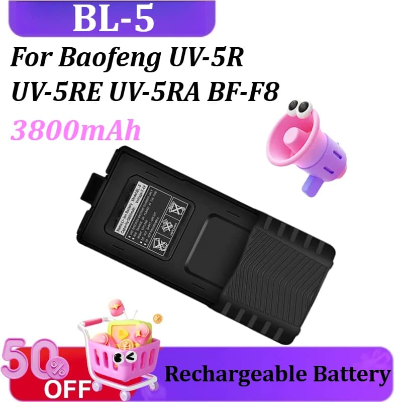 Batteria ricaricabile per walkie-talkie BL-5 da 3800 mAh per Baofeng UV-5R UV-5RE UV-5RA BF-F8 F9 Ingranditore radio Batteria agli ioni di litio Tipo-C