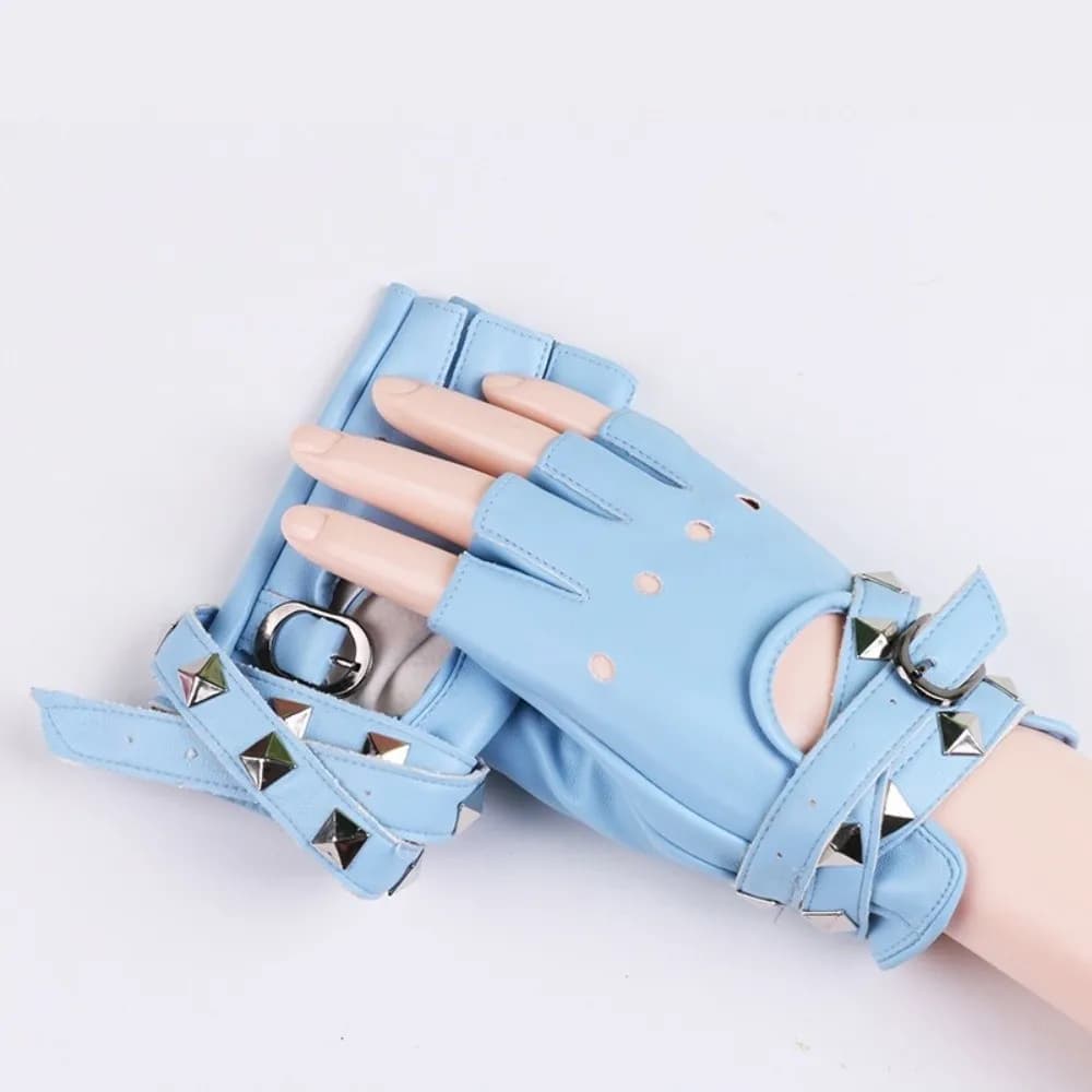 Punk Rivets Belt Wrist Gloves Anti-Slip Cool Half Finger Gloves Trendy Breathable Driving Gloves Disco Dancing