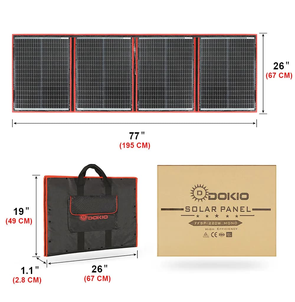 Pannello solare mono pieghevole flessibile da 200 W di marca Dokio Coperta solare portatile ad alta potenza per camper, barca e pannello solare da viaggio 200 W