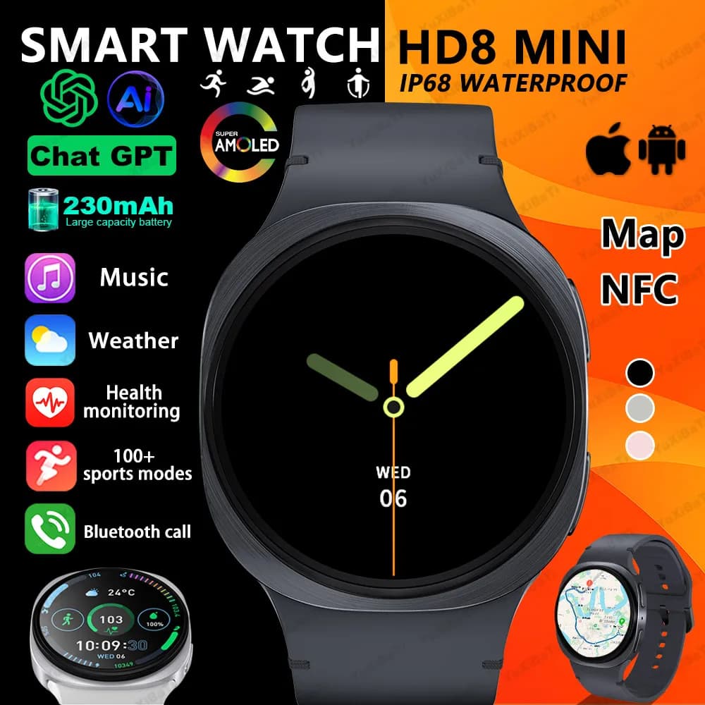 2025 New Watches 8 Mini GPS Track Watch Smart For Women's Health Men AMOLED Sports Frequency Cardiac Call Bluetooth Smartwatch Waterproof