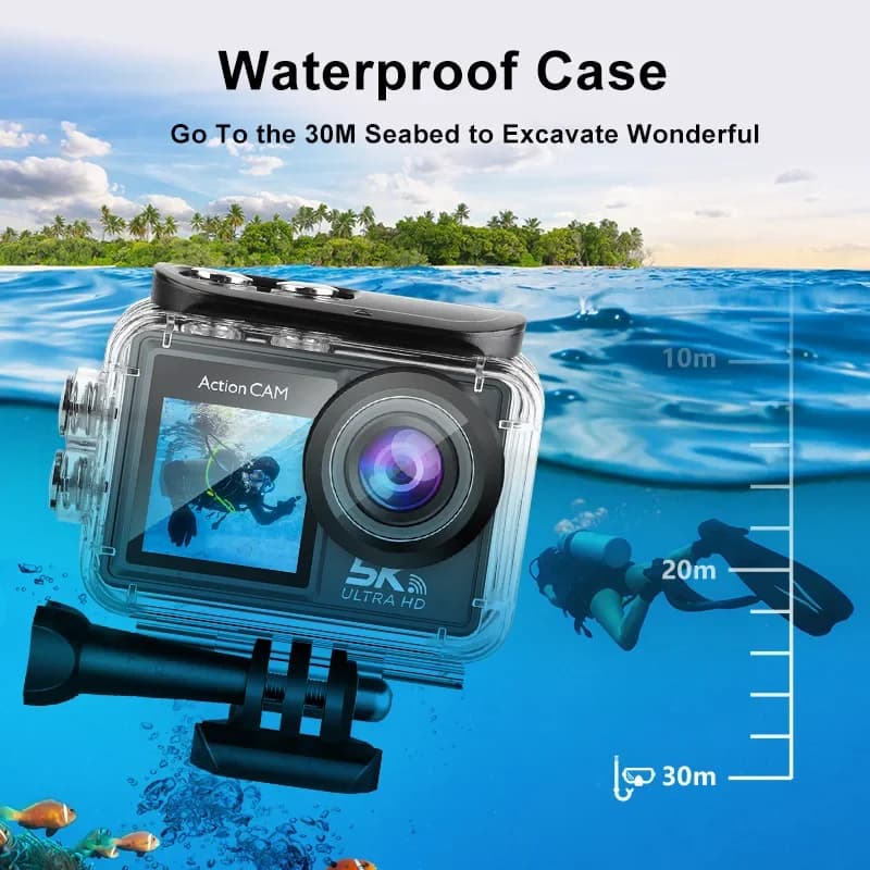 Action Camera 5K 4K30FPS 24MP 2" Touch Dual Screen 5X Zoom Wi-Fi EIS 170° DVR Webcam 30M Waterproof Sport Camera