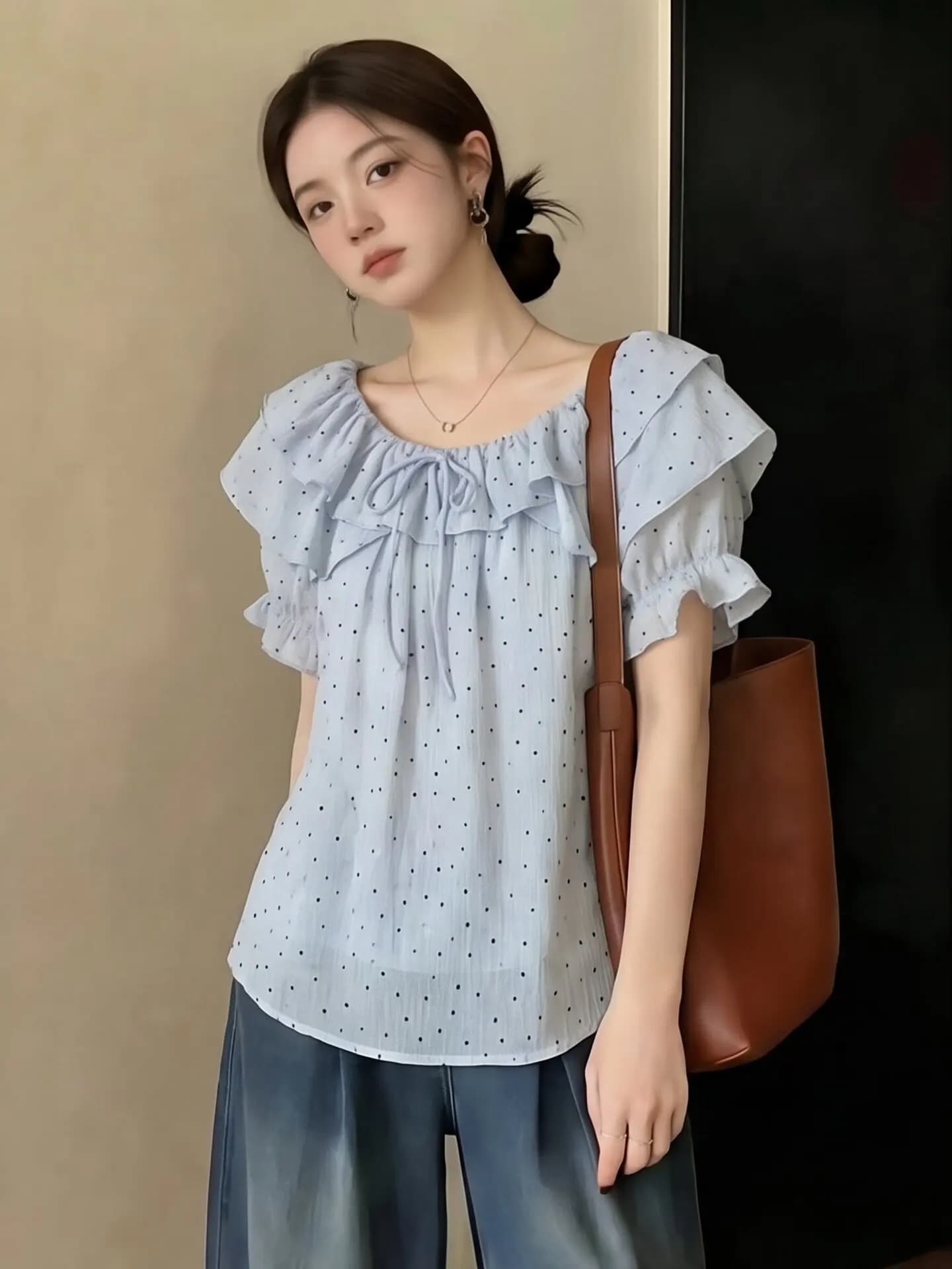 Camicetta estiva in chiffon a pois con pizzo, monospalla, due modi di indossare, manica corta, design coreano, bella, ampia e snellente