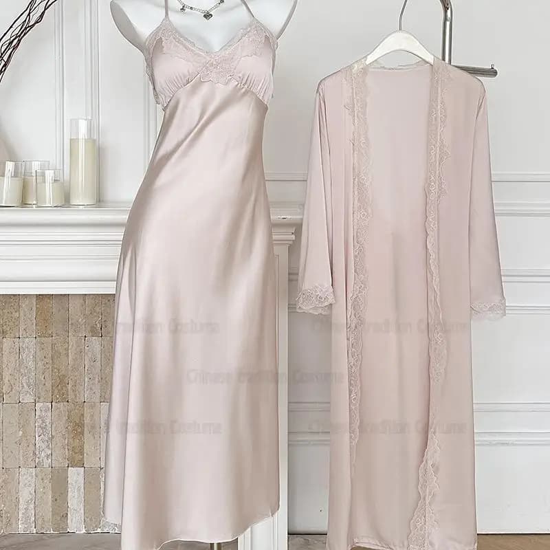 Abito lungo stile palazzo vintage Set 2 pezzi Camicia da notte Kimono Accappatoio Abito Lady Indumenti da notte in raso Lingerie sexy in pizzo Homewear