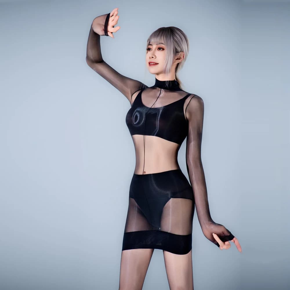 Donne sexy 1D sottile micro mini abito 640 pin trasparente vedere attraverso olio lucido pacchetto stretto anca liscio club danza vestito da cameriera