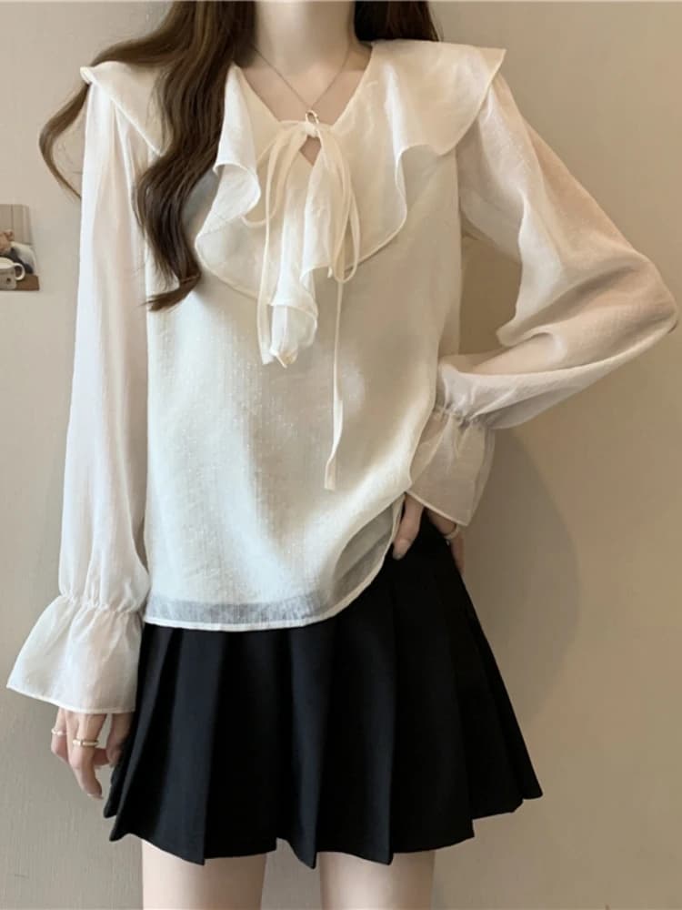 Women's Long Sleeve Chiffon Shirt Design Sensation Autumn plus Size Conceal Belly Gentle Style Top V-neck Bell Sleeve Loose Fit