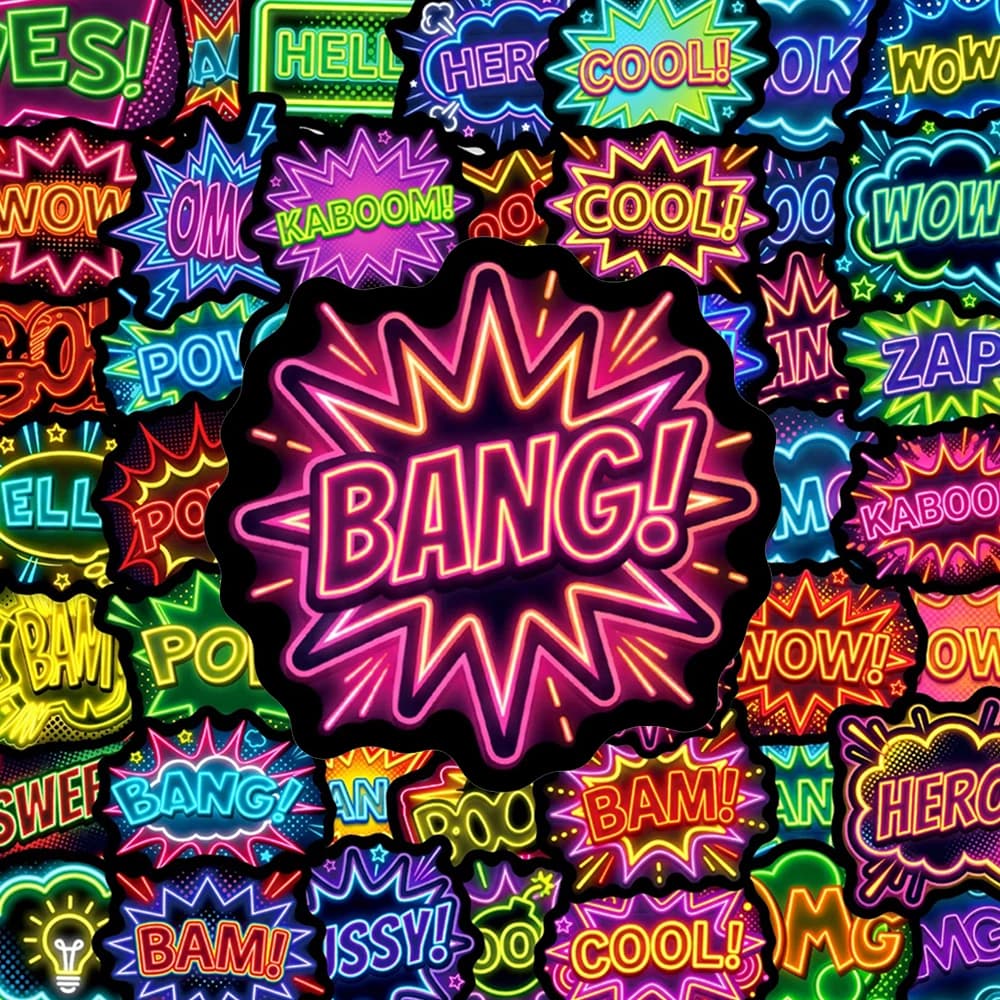 10/30/50 Pezzi Adesivi Neon Stile Nuvola d'Esplosione BOOM BAM WOW BANG, Divertenti Decalcomanie Cartoon Fai-da-Te per Skateboard, Telefono, Bagagli