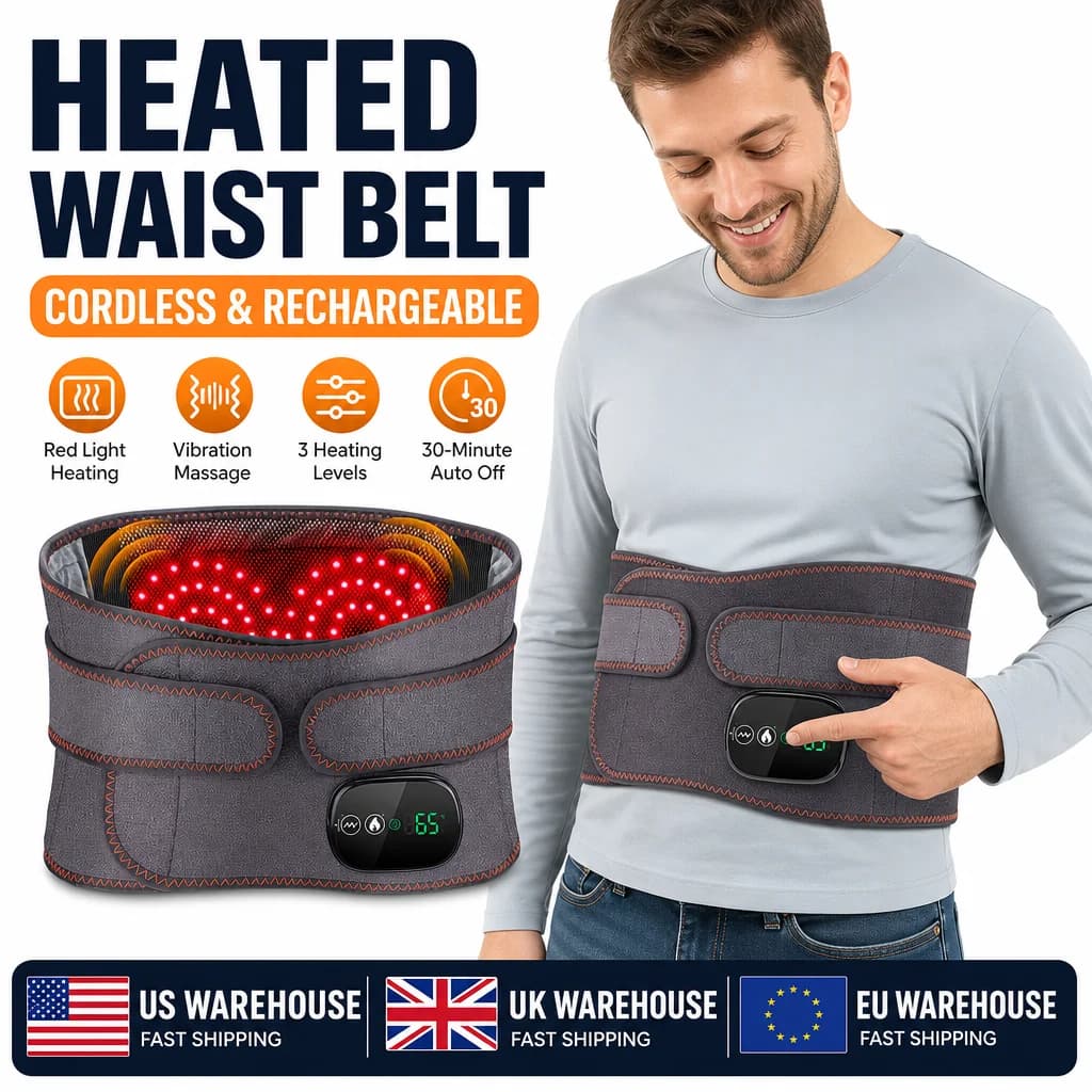 Electric Heated Waist Massage Belt with Vibration, 3 Temperature & 3 Intensity Levels, Red Light Waist Back Support Belt, 5000mAh Rechargeable Lumbar Wrap
