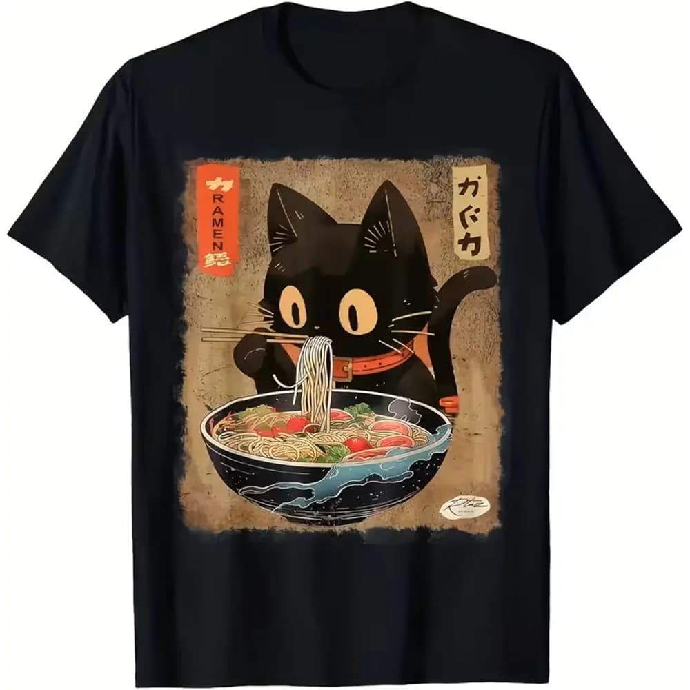 T-shirt Grafica Anime Giapponese con Gatto Ramen per Uomo e Donna, Maglietta Casual a Maniche Corte Streetwear Larga per Amanti dei Gatti