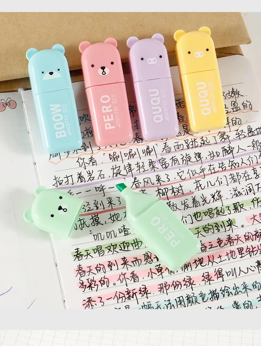 Set di 4 Evidenziatori a Forma di Orsetto, Colori Macaron, Punta Obliqua, Strumento di Scrittura per Scuola e Asilo