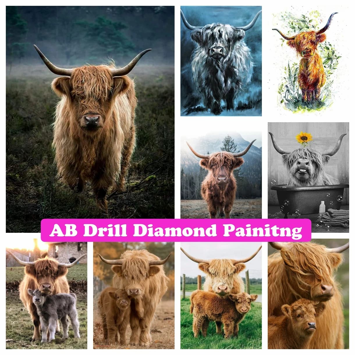 Toro della mucca delle Highland scozzesi 5D fai da te AB trapani pittura diamante mosaico animale bestiame punto croce ricamo strass decorazioni per la casa