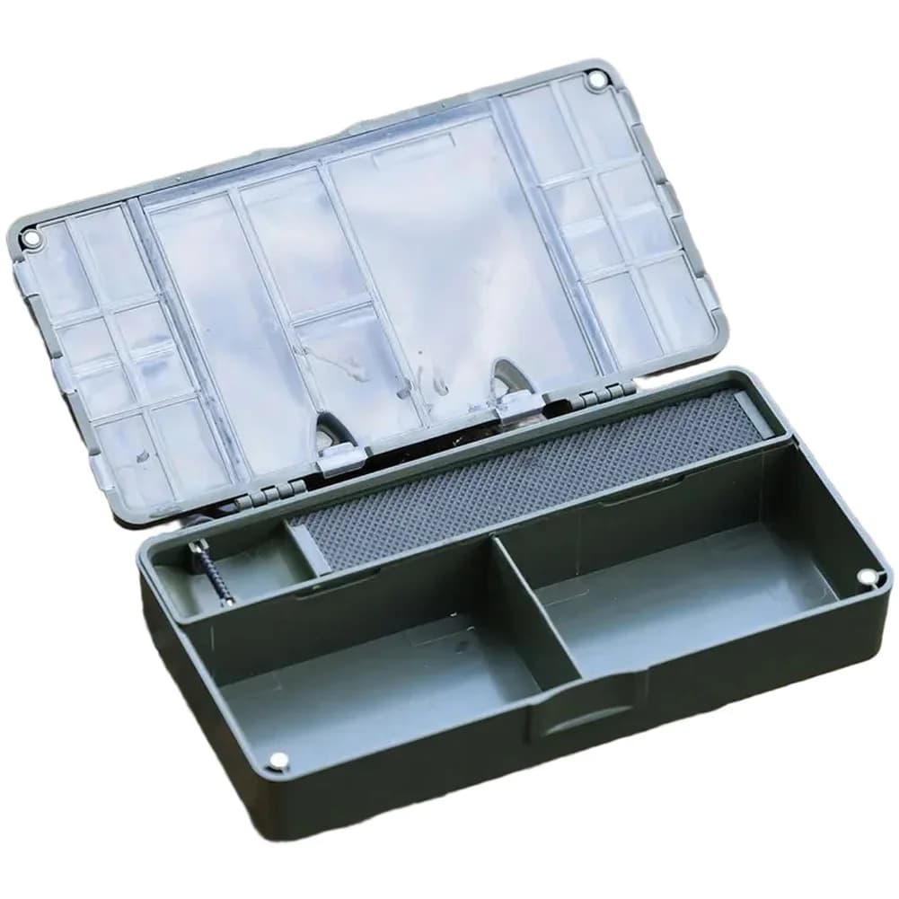 Organized fishing tackle box with 10 pins magnetic closure and adjustable compartments for carp angling accessories