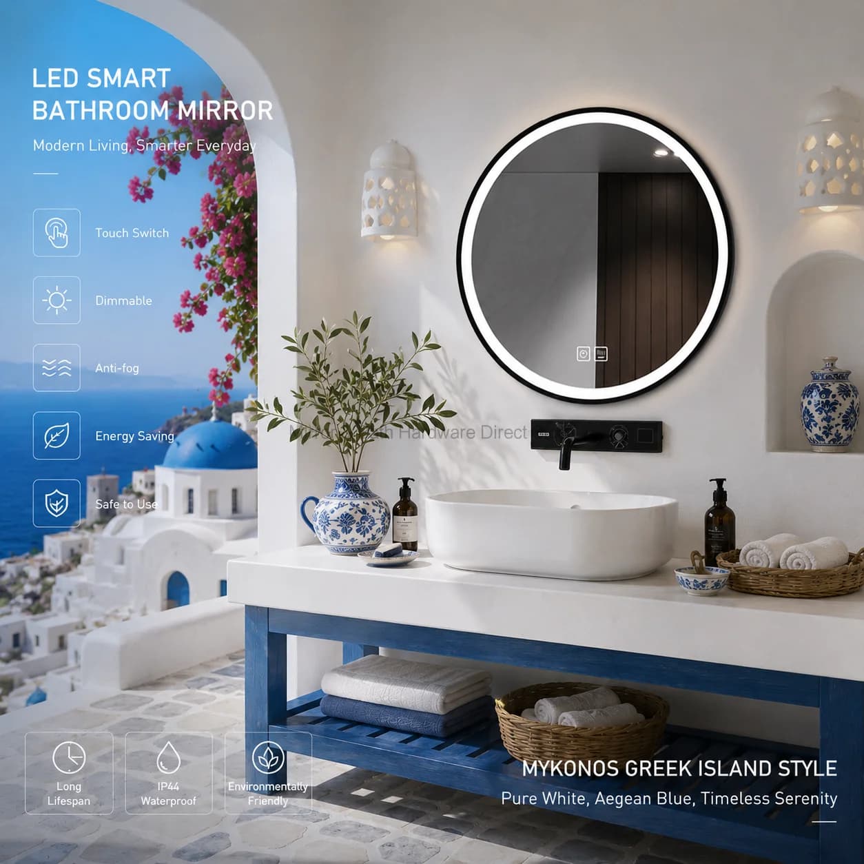 50cm Round Smart LED Mirror Front&Back Light Anti-Fog Bathroom Vanity Mirror 3 Color Temperature Dimmable Touch Wall Mount