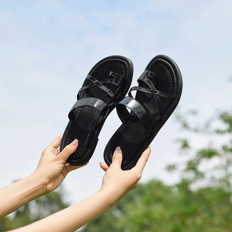 2026new summer women sandals natural leather 22-25cm cowhide+sheepskin open toe cross-tied mules low heel women slippers fashion