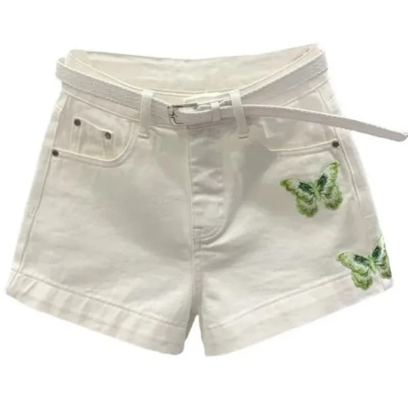 Shorts in denim bianco a vita alta da donna con ricamo a farfalla verde e cintura, stile casual