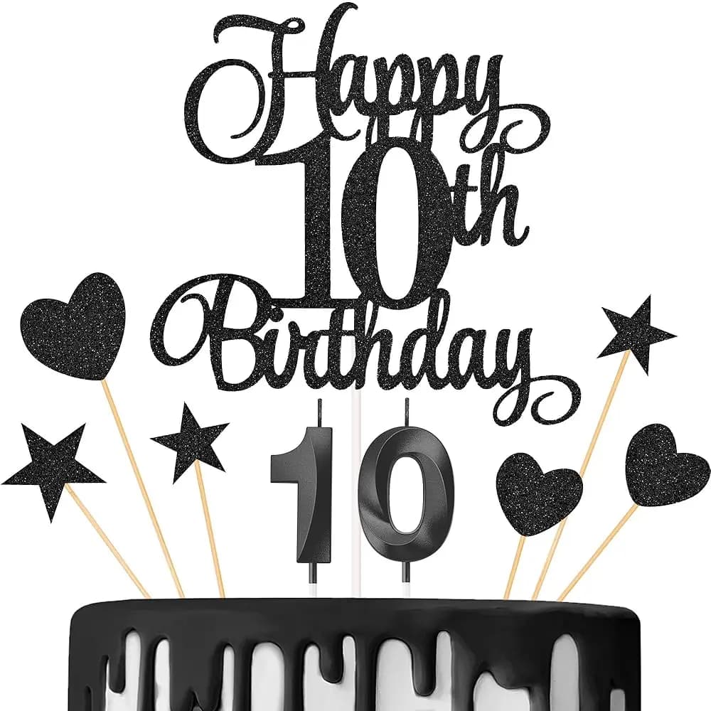 Cake decorations 10° Birthday, Numerical Candles for Cake 10° Birthday and Topper Set Glitterati 'Happy 10th Birthday'