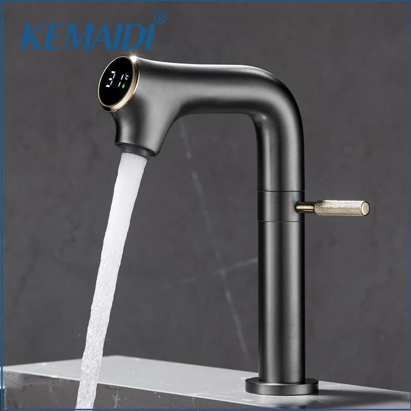 KEMAIDI Display digitale Rubinetto per lavabo da bagno Nuovi rubinetti per spruzzatore a flusso multifunzione Miscelatore acqua calda fredda Rubinetto per lavandino Gru