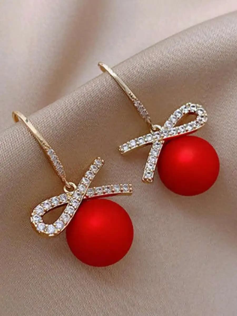 1 Pair Fashion Alloy Bow & Red Bead Dangle Earrings, Suitable For Women To Wear On Christmas, New Year Party