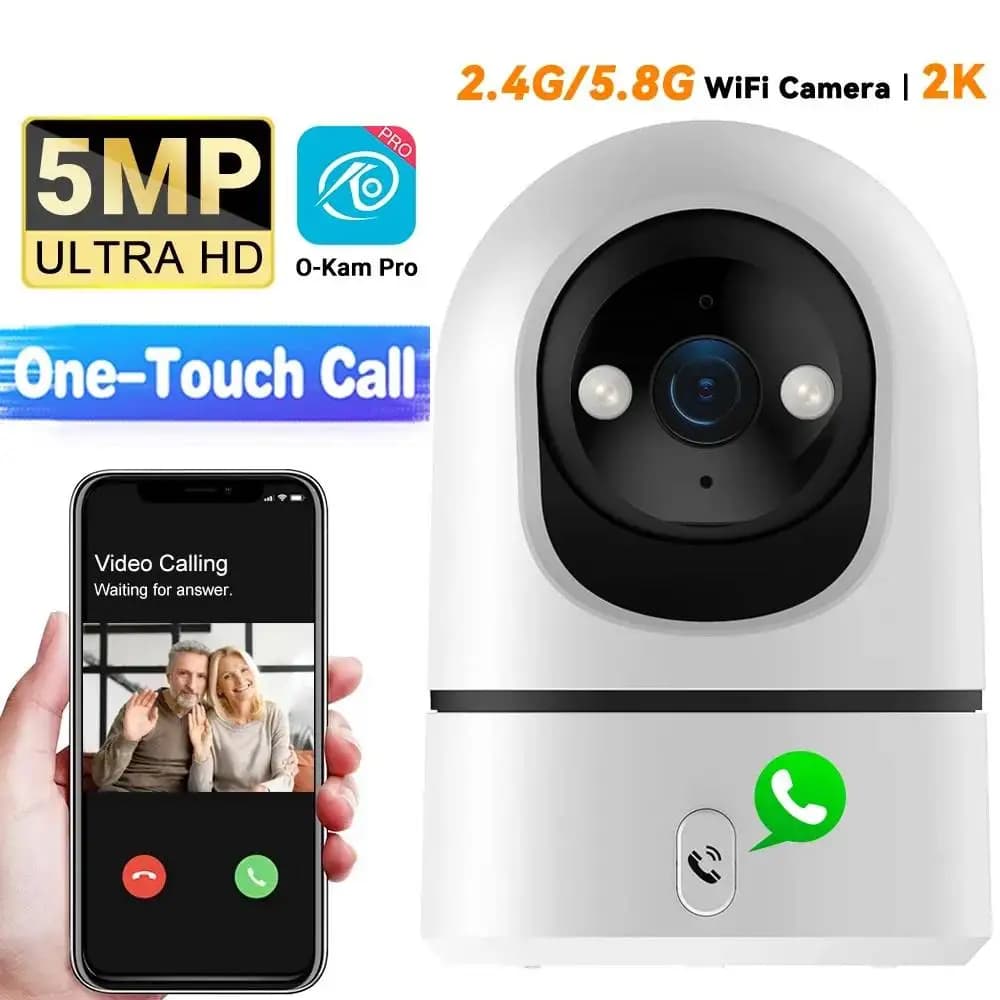 Telecamera di sicurezza per baby monitor da interno WiFi O-Kam Pro 5MP 2.4G/5G | Chiamata con un solo tocco | Visione notturna a colori | Monitoraggio umano | 355 ° PTZ