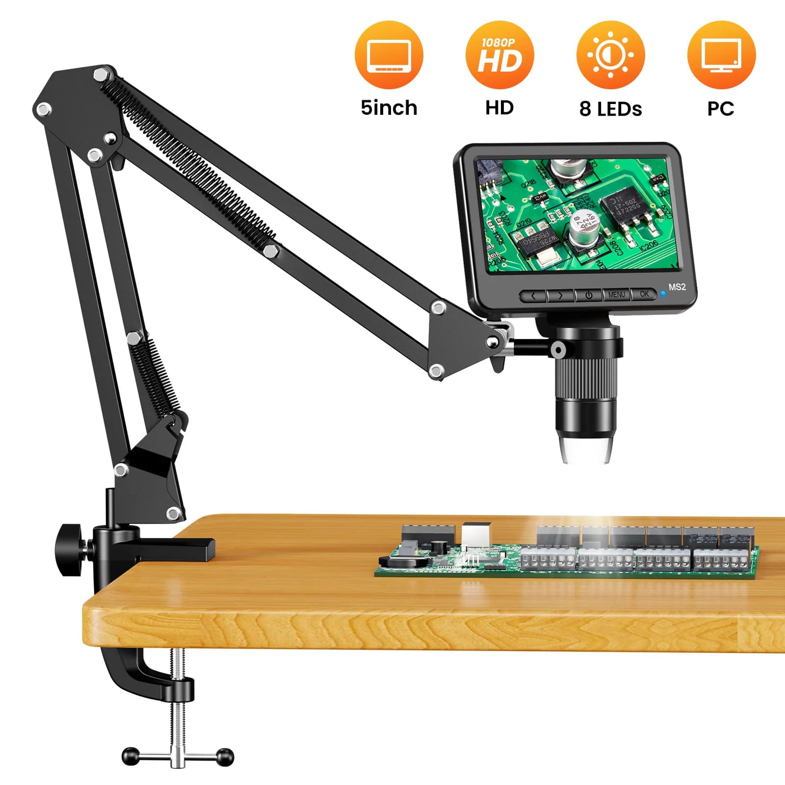 Flexible Arm Stand Digital Microscope with 5inch Soldering Microscope for Error Coins, Tools for Plant, Repair ,PC View,8 LEDs
