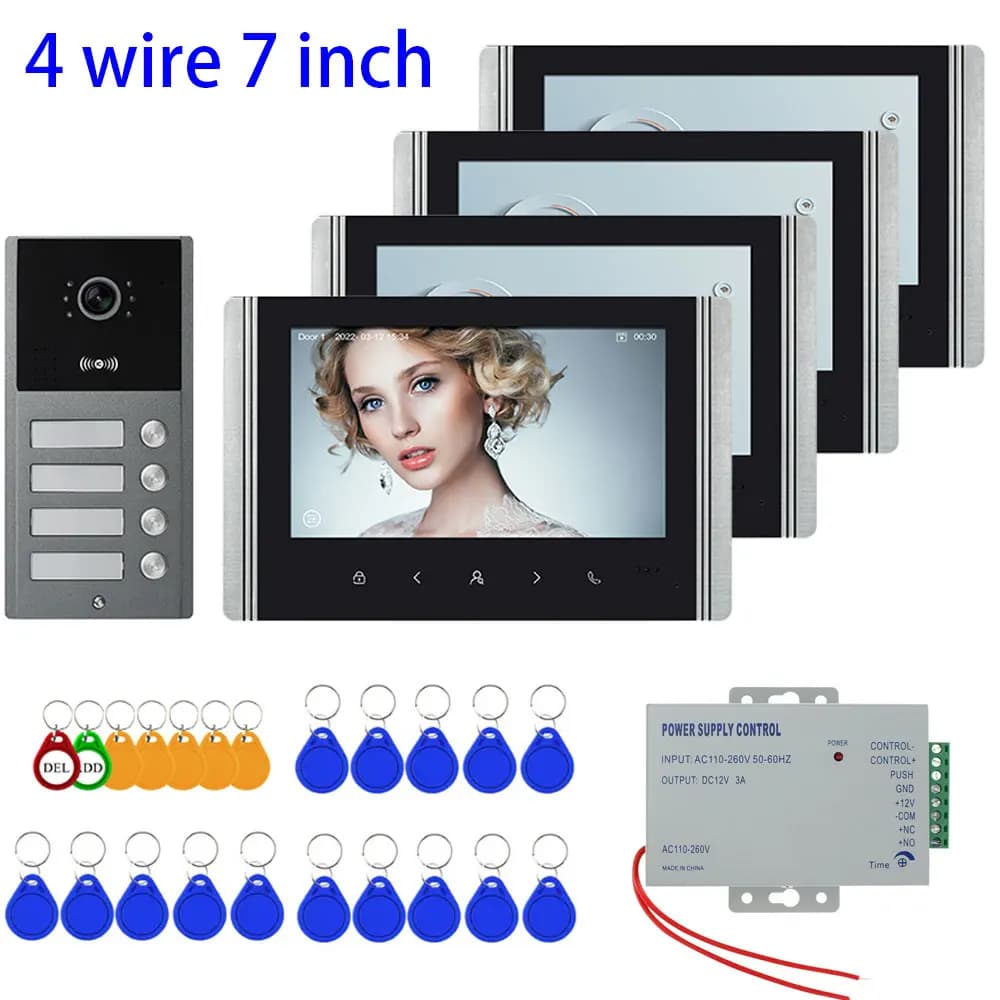 4 wire 7 inch Apartment Building Video Intercom Video Door Bell Camera with 2/3/4 Buttons for Family HD Video Door Phone System