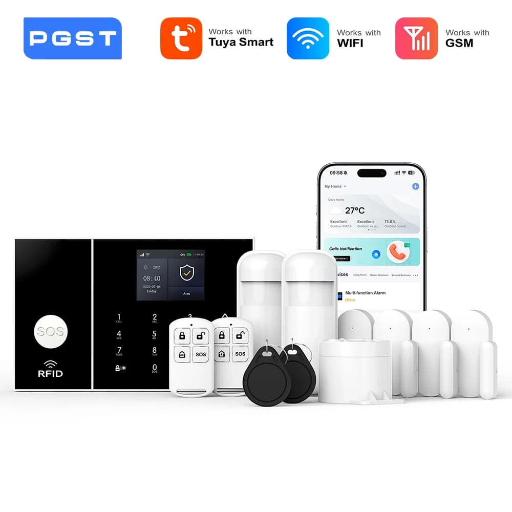 Sistema di allarme di sicurezza PGST per host di allarme WIFI GSM domestico con sensore di porta e movimento Controllo app Tuya Smart