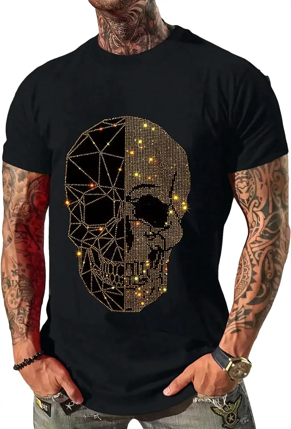 WDIRARA T-shirt casual da uomo a maniche corte con stampa scheletro e teschio con strass glitterati
