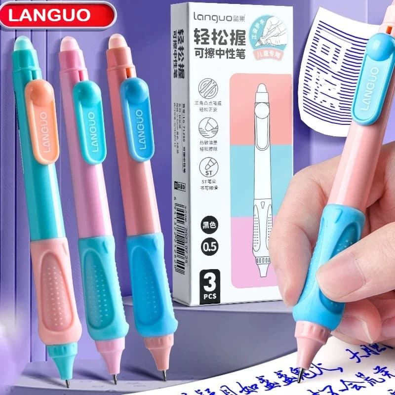 LANGUO Penna gel retrattile con punta ST per bambini Impugnatura ergonomica Scrittura attrito Cancellabile Inchiostro blu nero Materiale scolastico di cancelleria