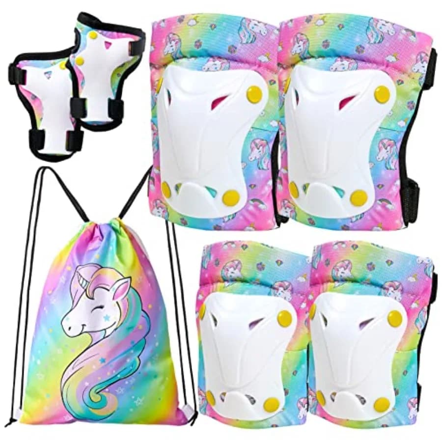 Ginocchiere per Bambini, Set Protezioni Ginocchia e Gomiti con Protezioni Polsi e Borsa con Coulisse, Set di Protezioni Regolabili per Bambine e Bambini S
