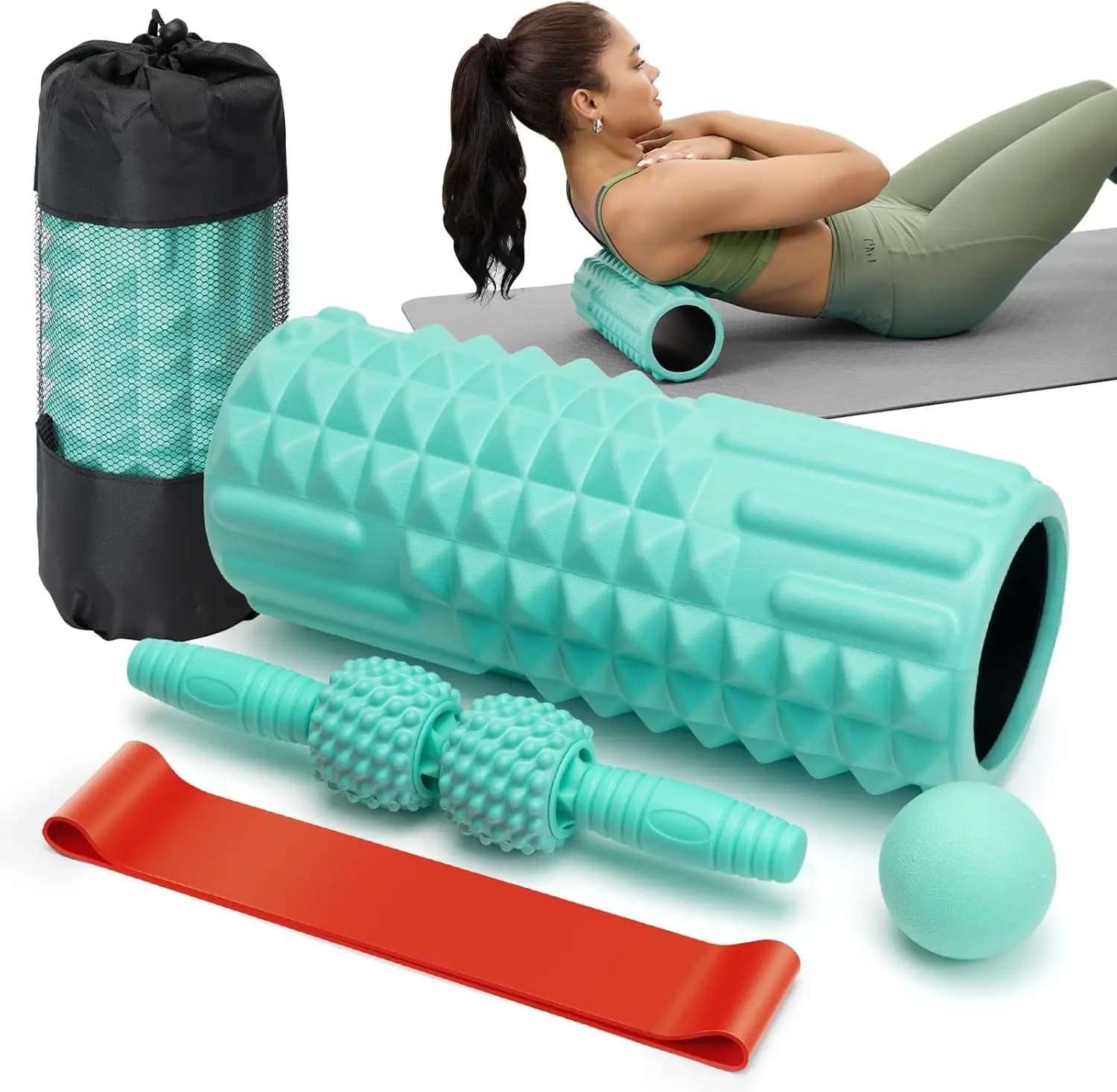 Set of 5-in-1 foam rollers for Back, Muscular Massage and Physiotherapy - Green