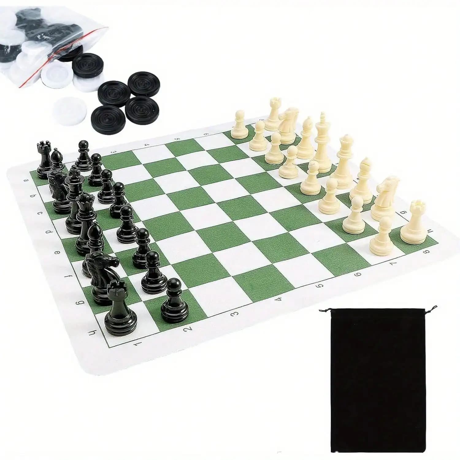 2 in 1 Chess & Checkers Set Travel Board Games, 42cm Tournament Roll up Board and Pieces with Travel Bag, Folding Chess Game Set