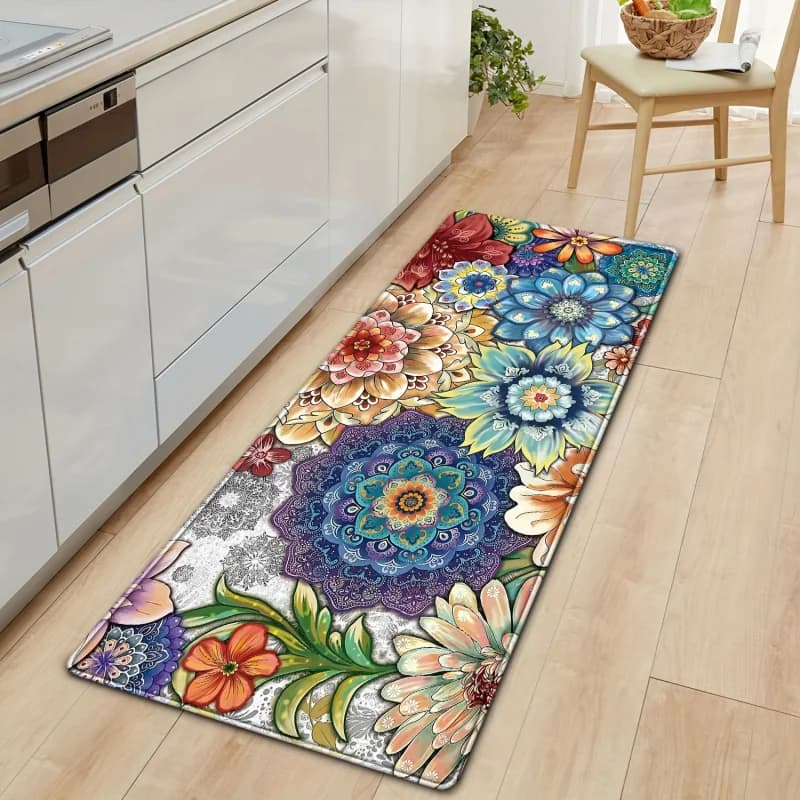 VIKAMA Bohemian Floral Mandala 2 Piece Kitchen Rug Set Non Slip Oil Proof Floor Mat Sink Stove Farmhouse Kitchen Decor Carpet