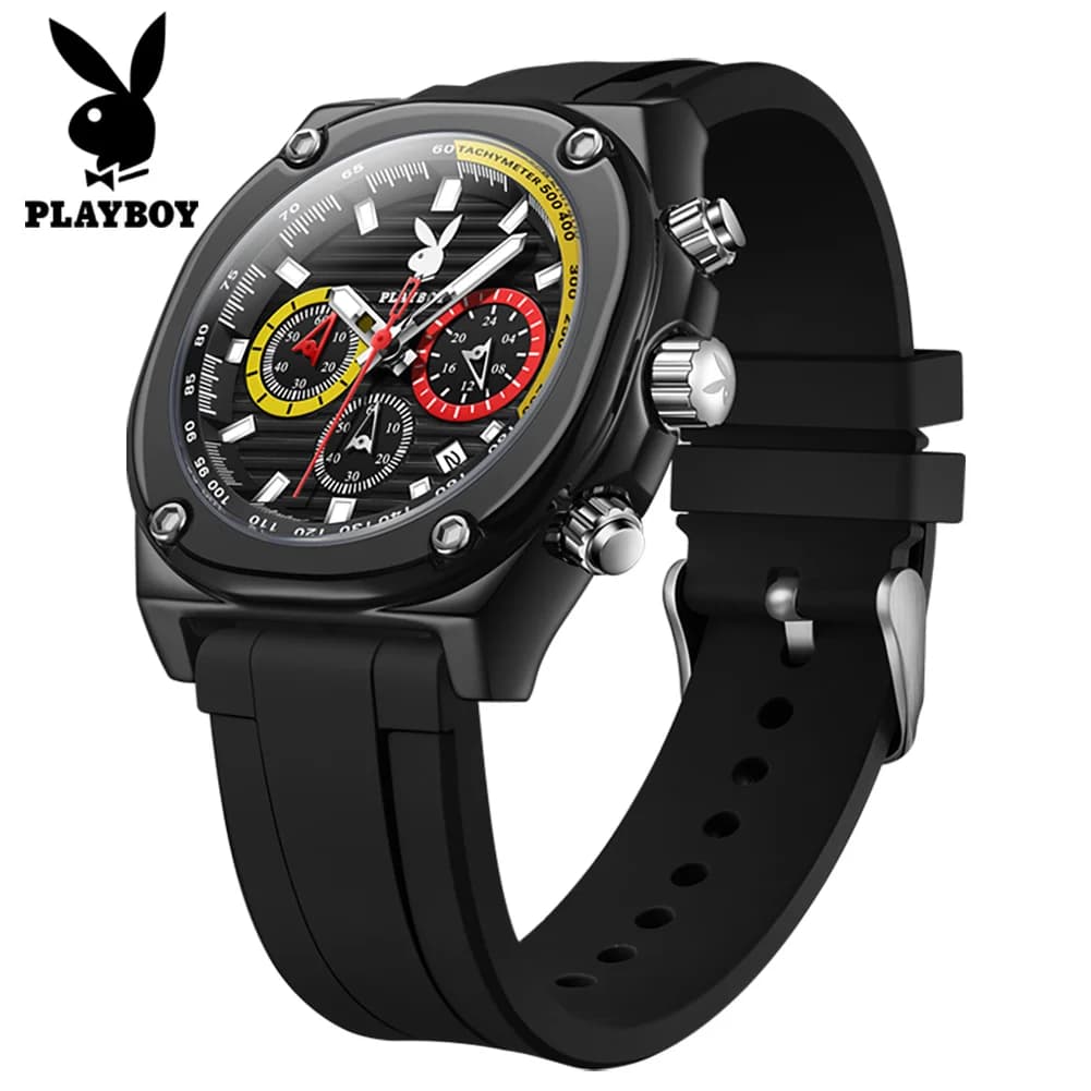 PLAYBOY Luxury Watches Man Multifunctional Automatic Mechanical Watch Silicone Strap Waterproof Casual Date Watches For Man 3060