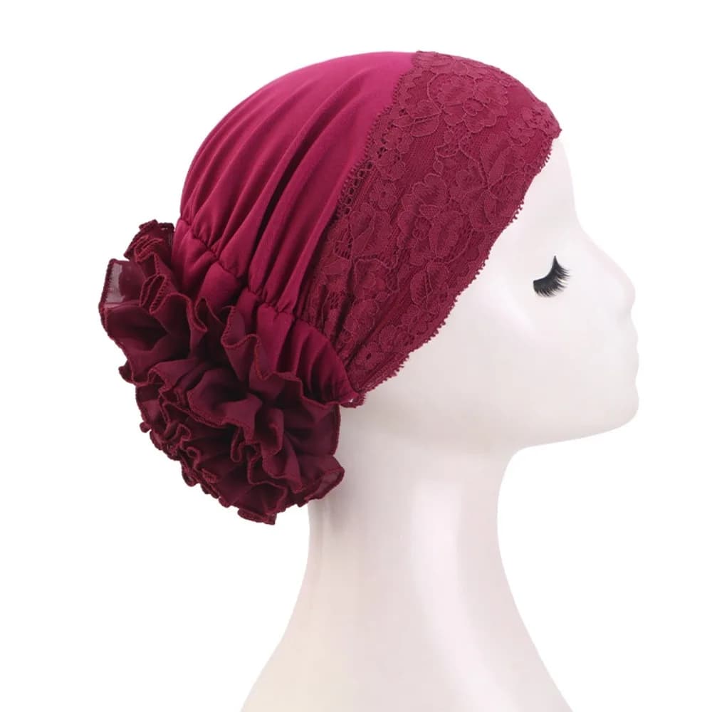 Elegant Copricapo in Pizzo Tinta Unita, Soft and Elastic, for Chemotherapy, with Design in Balze and Large Flowers, Women's Pullover Hat