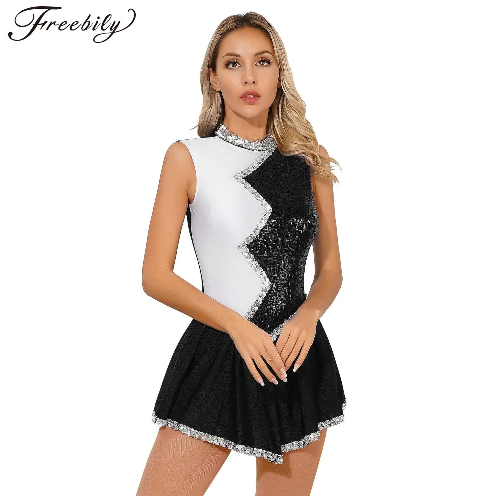 Vestito da pattinaggio di figura delle donne danza lirica balletto ginnastica Cheerleading Performance Costume senza maniche lucido paillettes body Tutu