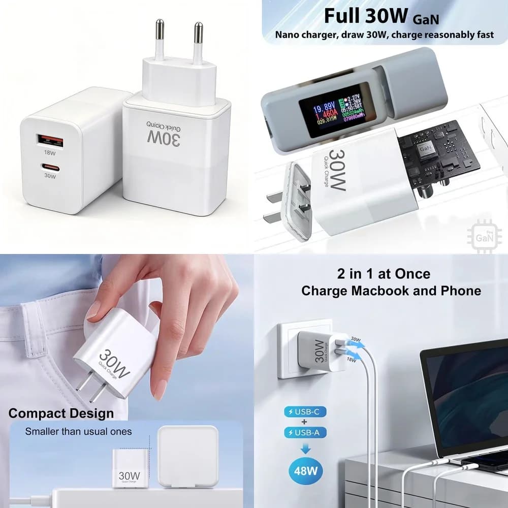 30W USB C Fast Charger PD Dual Port Wall Plug Adapter Type C 18W USB A Quick Charging for iPhone 17 16 15 Samsung Galaxy Xiaomi