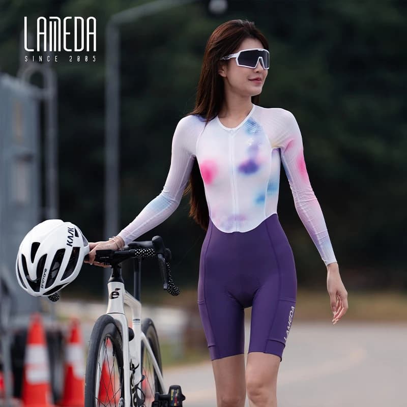 LAMEDA Women's Professional Road Cycling One-Piece Suit Breathable Slim-Fit Long Sleeves Integrated Padded Shorts For Sports