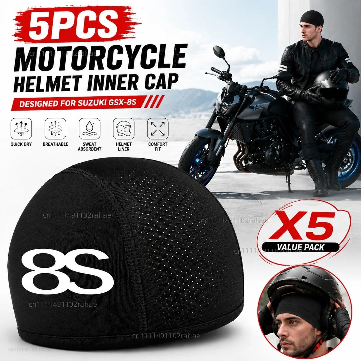 5pcs Motorcycle Helmet Inner Cap Hat Quick Dry Breathable Hat Racing Cap Thin Soft For SUZUKI GSX-8S GSX8S GSX 8S 2023 All Years