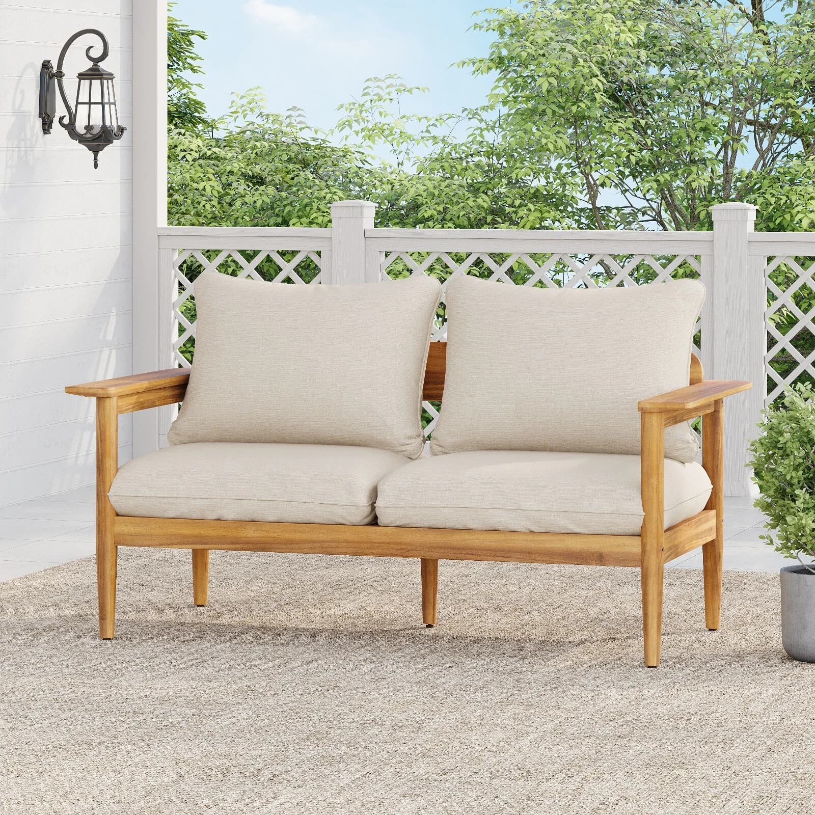 2-seater outdoor sofa with cushions, beige/teak