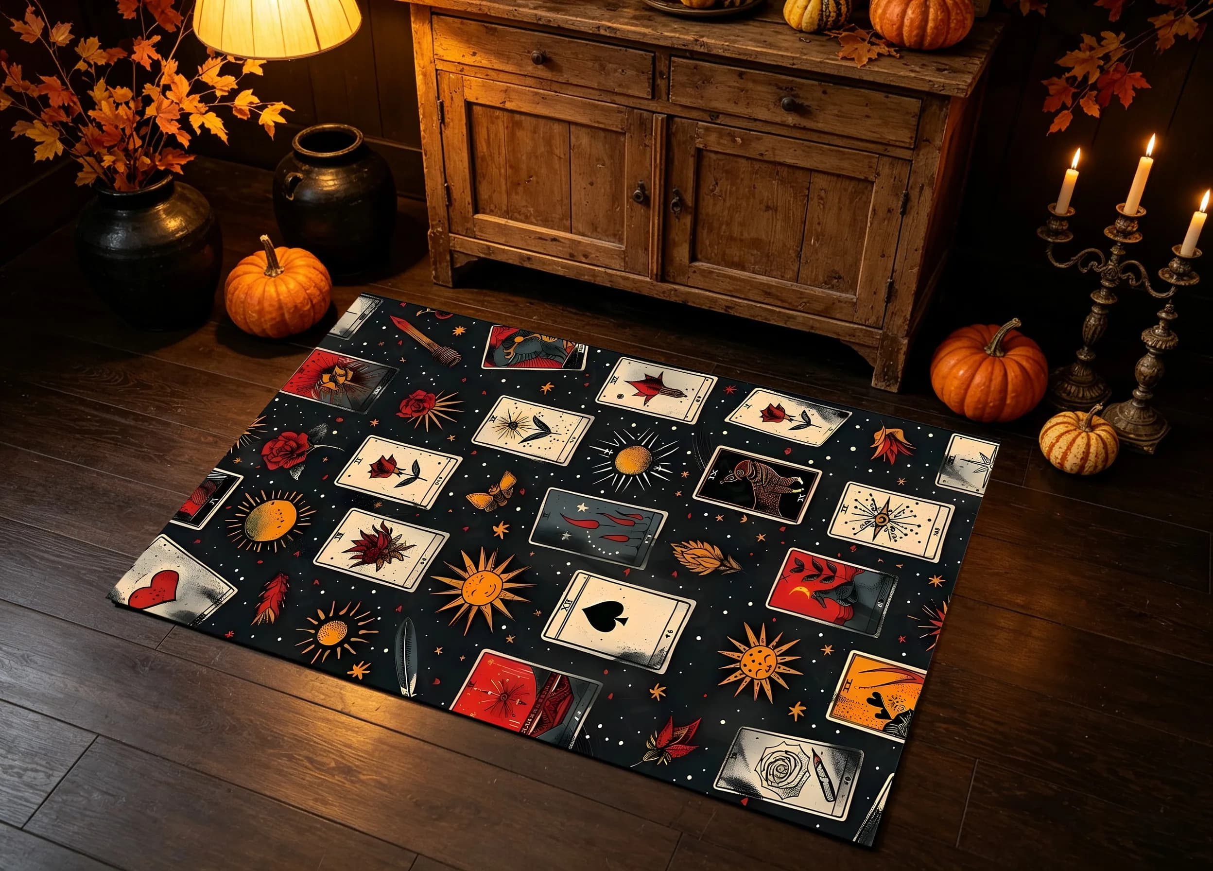Retro Tarot Card Starburst Print Dark Vintage Style Halloween Velvet Rug for Bedroom Bedside Divination Studio Themed B&B Suitable for Creating a Mysterious, Personalized, and Niche Atmosphere