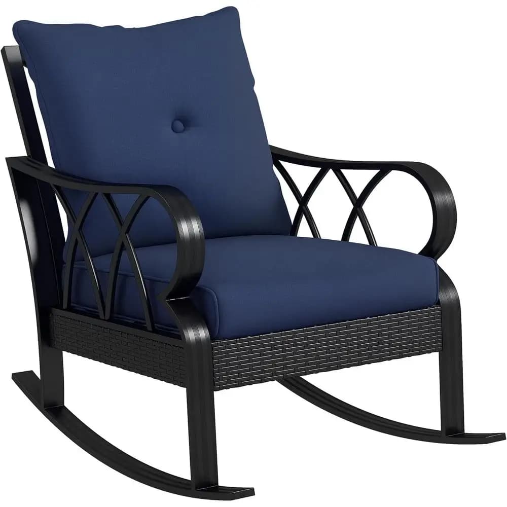 Sedia a dondolo da esterno in vimini blu navy con cuscini per patio, portico e giardino