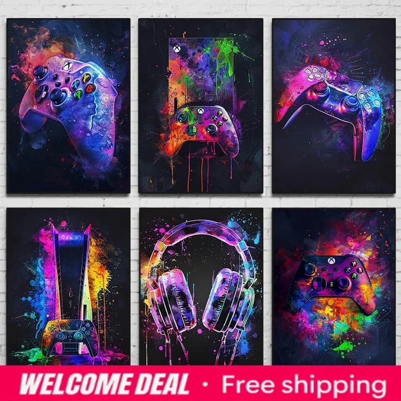 Poster Stile Neon Acquerello con Gamepad e Cuffie per Decorazione Camera da Gioco per Ragazzi