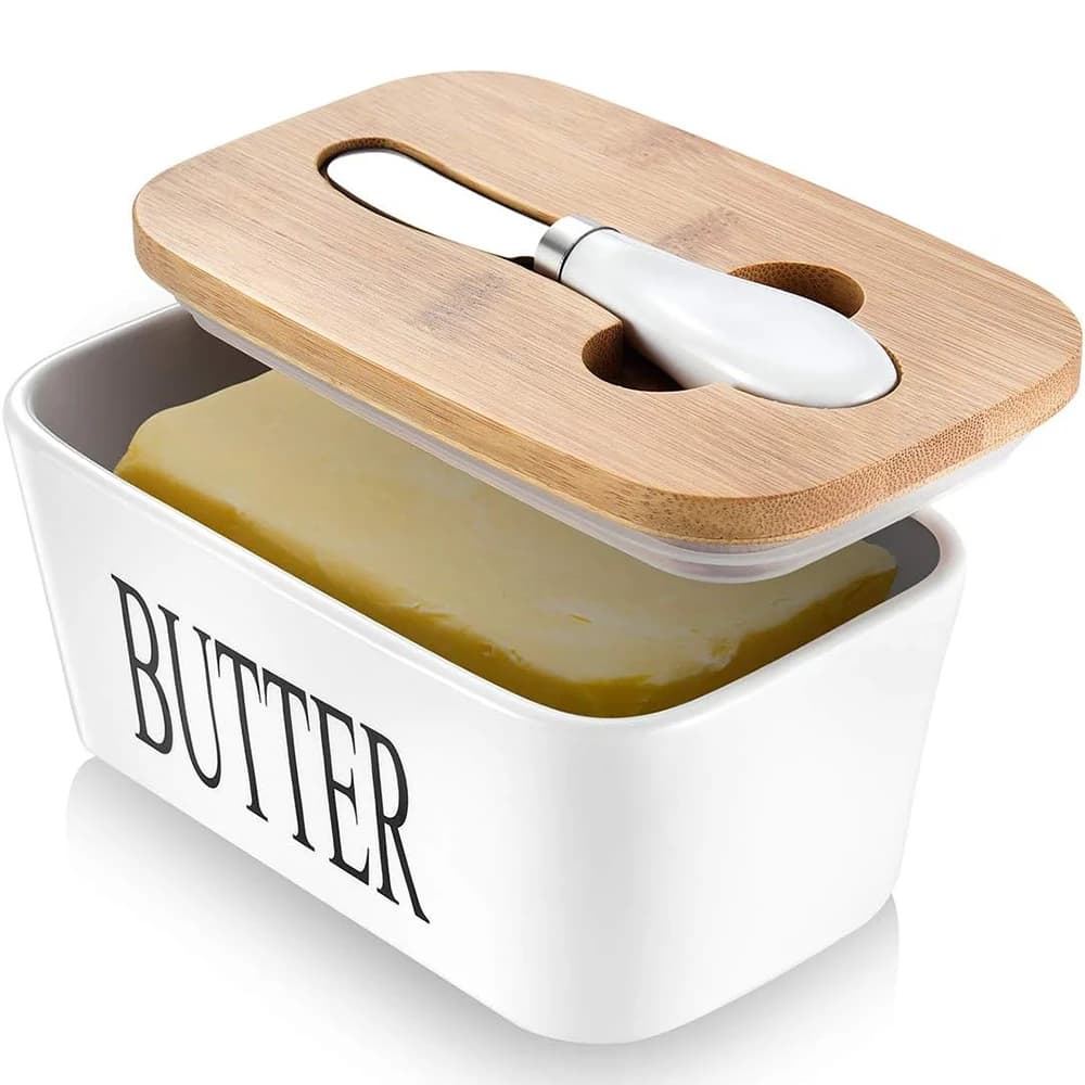 LMETJMA Portaburro con coperchio Contenitore per burro in ceramica con coltello per burro Vassoio per burro da cucina Portaburro con coperchio