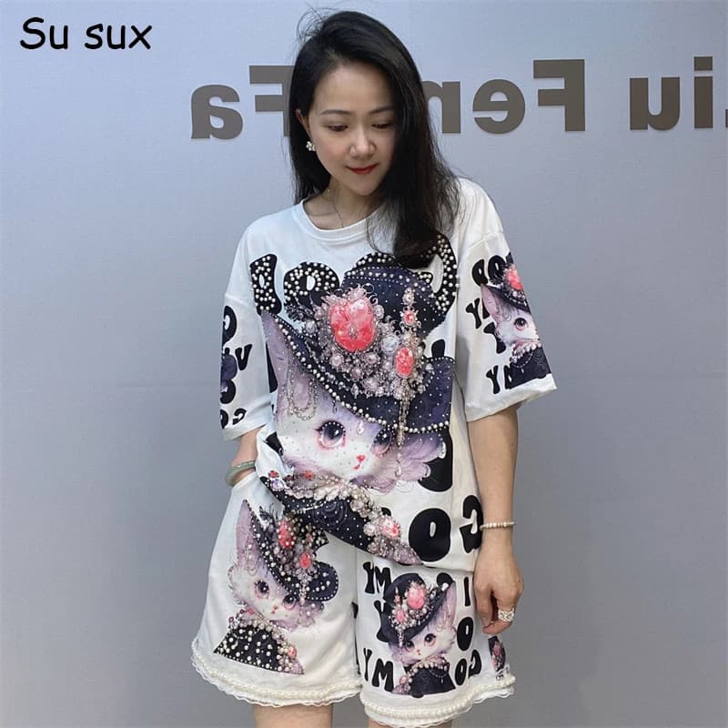 Beading Cartoon Cat Print Short Pant Pants 2 Piece Women Outfits Y2K Clothes Casual Short Sleeve T Shirt Matching Sets Outwears