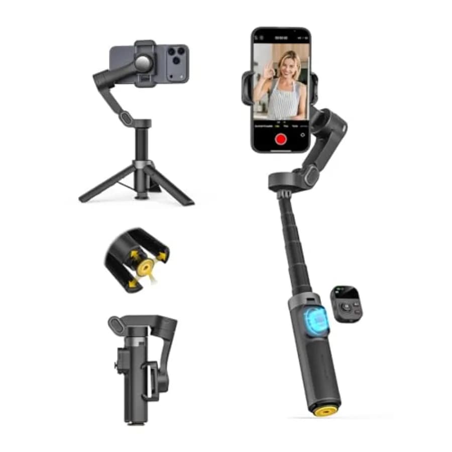 3 Axis Gimbal Stabilizer for iPhone with 360 ° Face Tracking, Gimbal for Smartphone with Tripod Opening to a Touch, Gesual Control, Phone Stabilizer