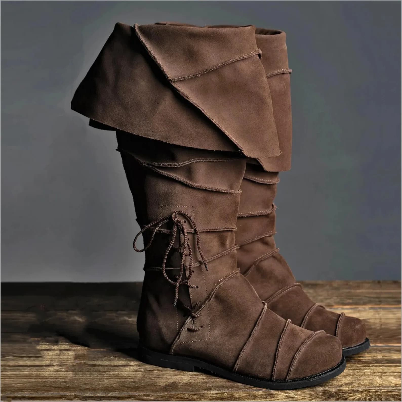 Stivali da Pirata da Uomo, Stile Rinascimentale Vintage Marrone, per Cosplay Halloween, Vichingo, Steampunk, Cavaliere, Stivali Alti con Tacco Basso, Costume