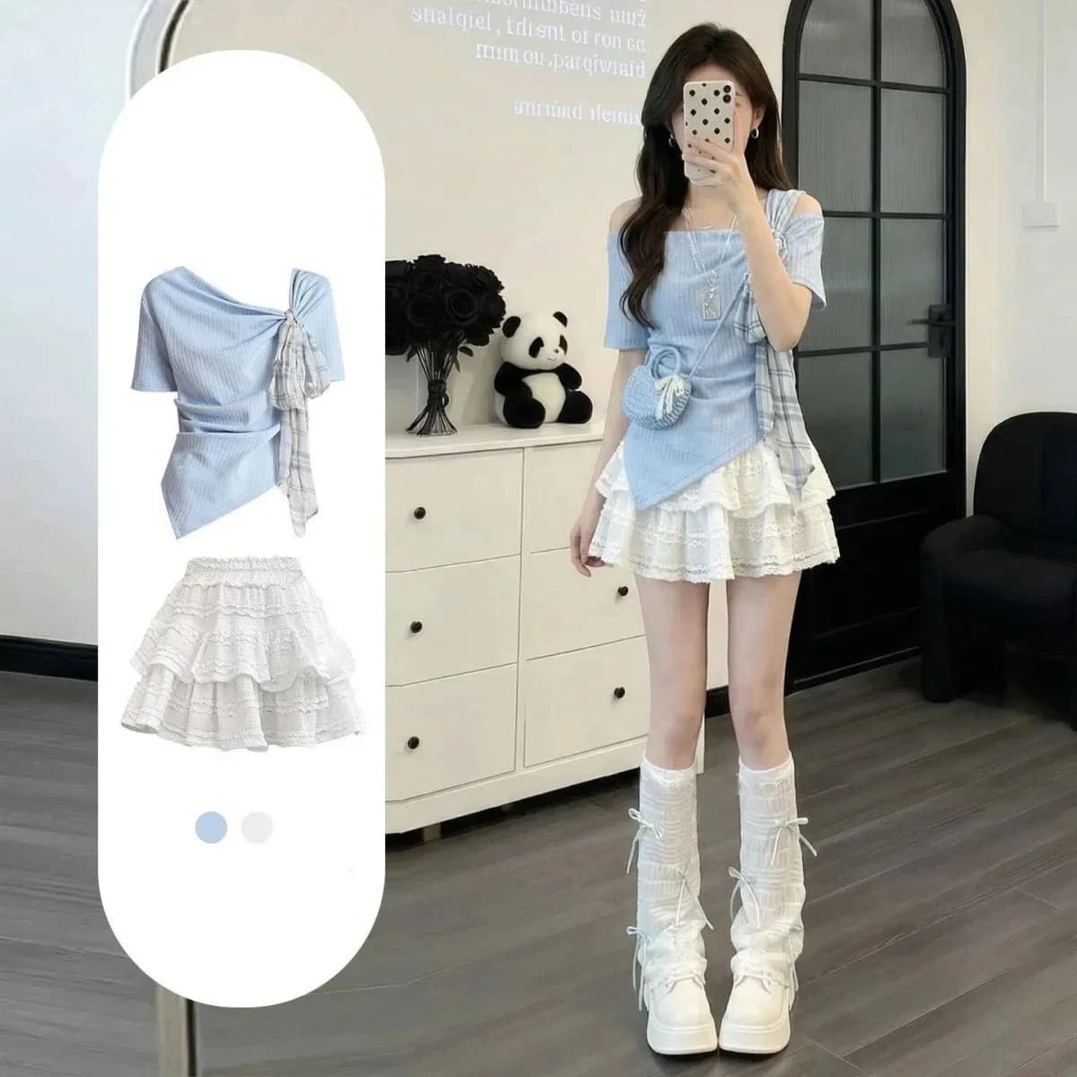Completo da donna coreano estivo blu dolce con mini abito bianco a palloncino, top a maniche corte e gonna, set due pezzi alla moda 2026