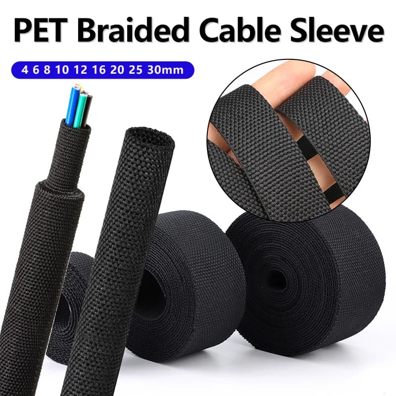 Guaina per Cavi in PET Intrecciato Nero da 3/5 Metri, Tubo Termorestringente 4-30mm, Isolamento Ignifugo, Protezione e Organizzazione Cavi