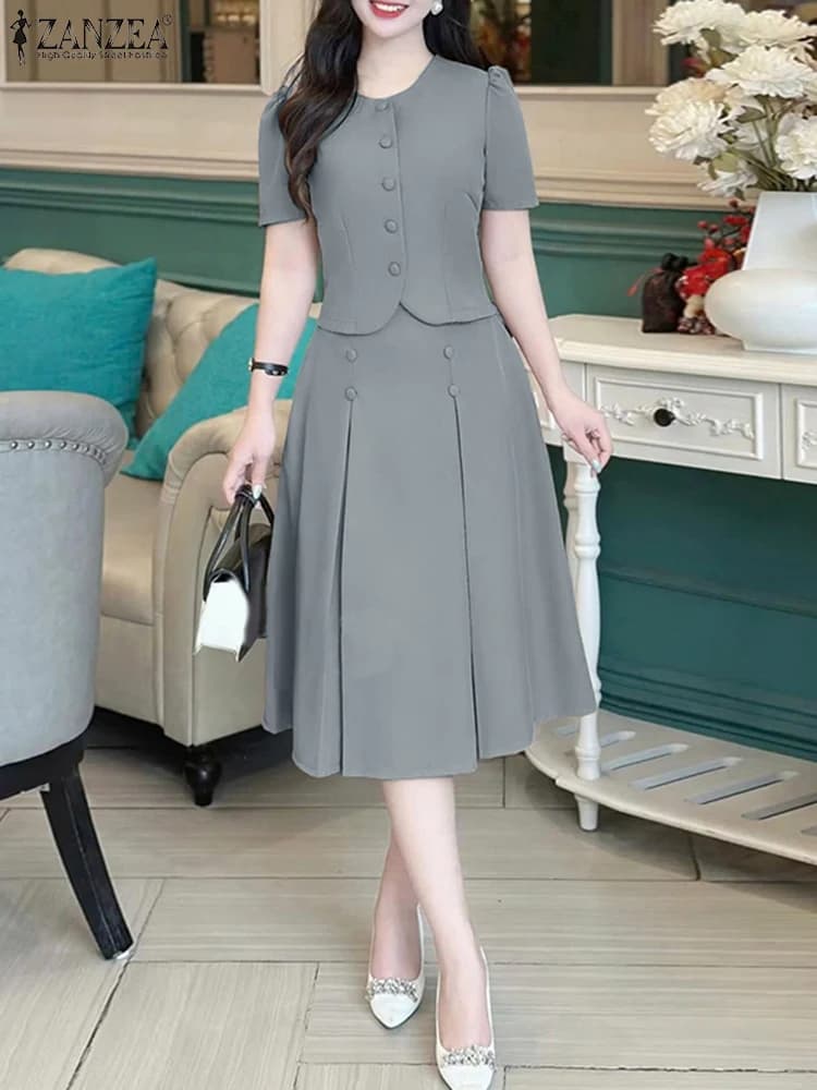 Set di gonne a pieghe Camicie a maniche corte da donna con gonne Abiti di moda 2025 ZANZEA Set coordinati casual in stile coreano giapponese