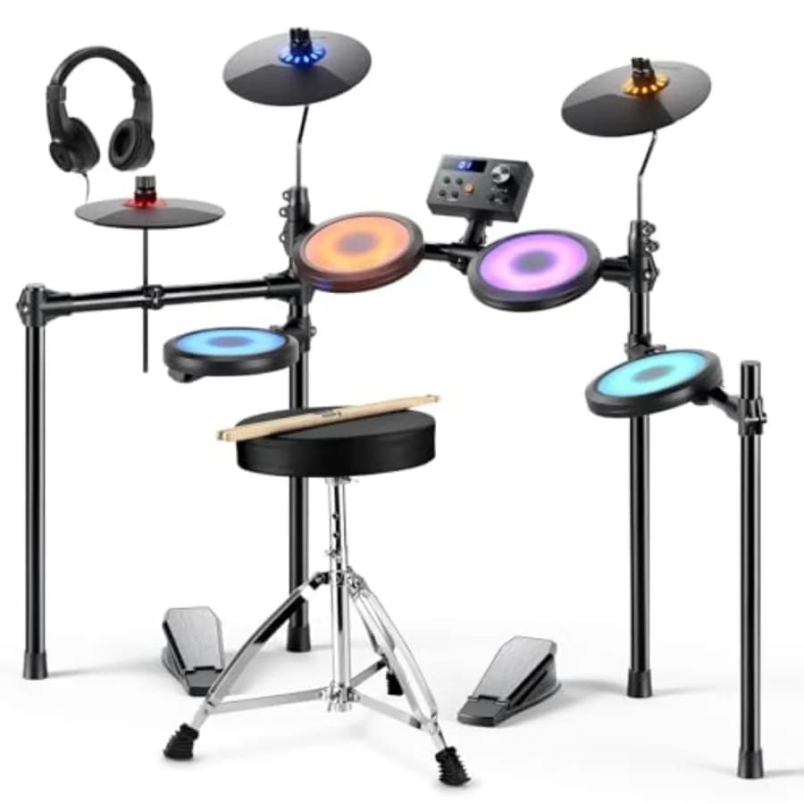 DED-70L Electronic Drum Set with LED Light Up Quiet Mesh Drum Pads and 9" Cymbals, 150 Sounds, 15 Drum Kits, USB MIDI, Type-C C