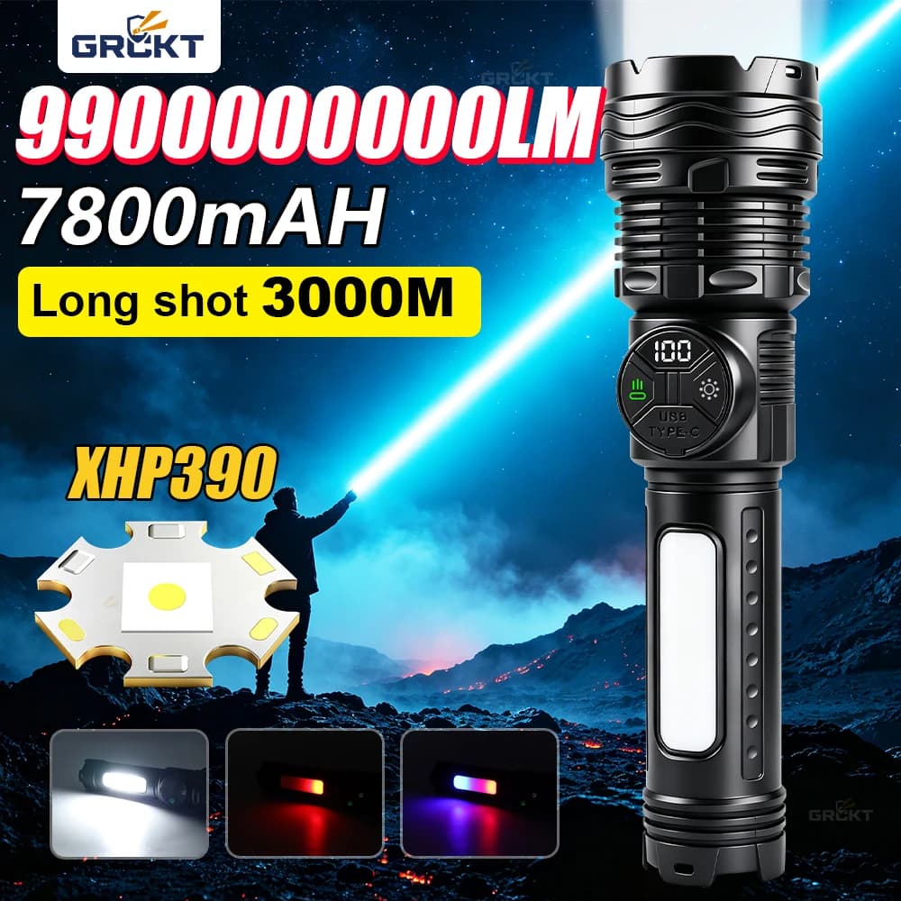 7800mAH Rechargeable Flashlight XHP390 Ultra Powerful Torch Lamp Telescopic Baton Torch Light Survival Accessories HikingLantern